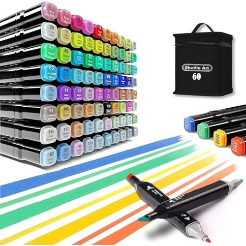 Shuttle Art 60 Pcs Marker Set, Ideal For Drawing, Illustration, And Sketching, Includes Broad And Fine Tip Markers, Perfect For Coloring Books, Comes With A Storage Case For Easy Organization