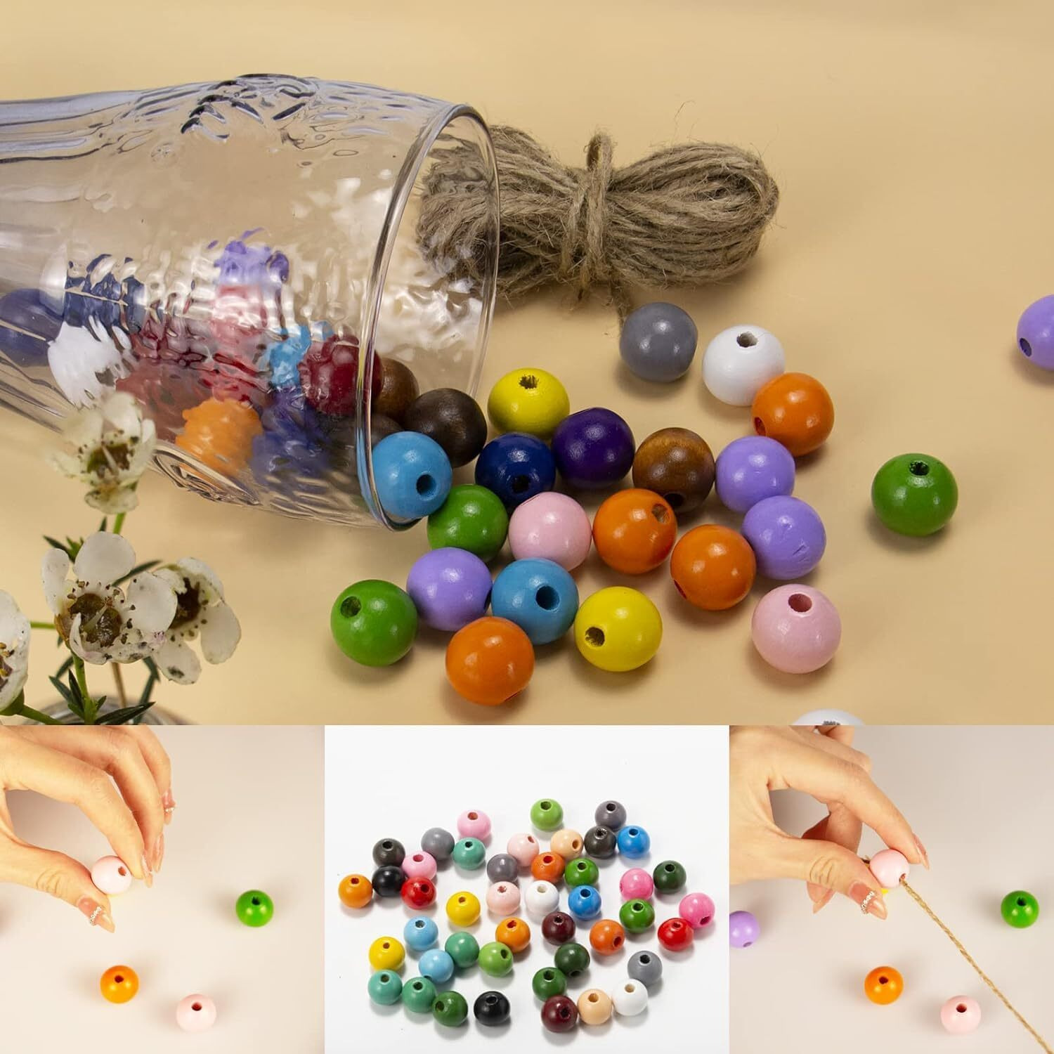 Diy Crafts 130, Easter Wood Beads, Colorful Natural Wooden Round Spacer Handmade Beads In Colors For Spring Garland, Farmhouse Decor, Diy Craft Making Easter Home (130)