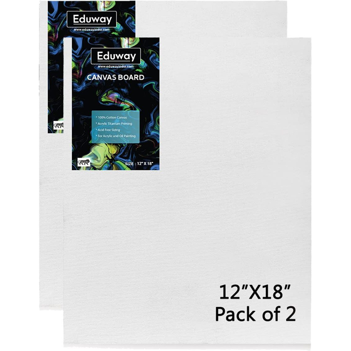 Eduway Canvas Board For Painting- (12X18) | Premium Quality 7Oz Pre-Primed Cotton Canvas Board For Artists & Beginners | Ideal For Acrylic, Oil, Gouache, Pastels Colors (Pack Of 2) (30X40 Cms)