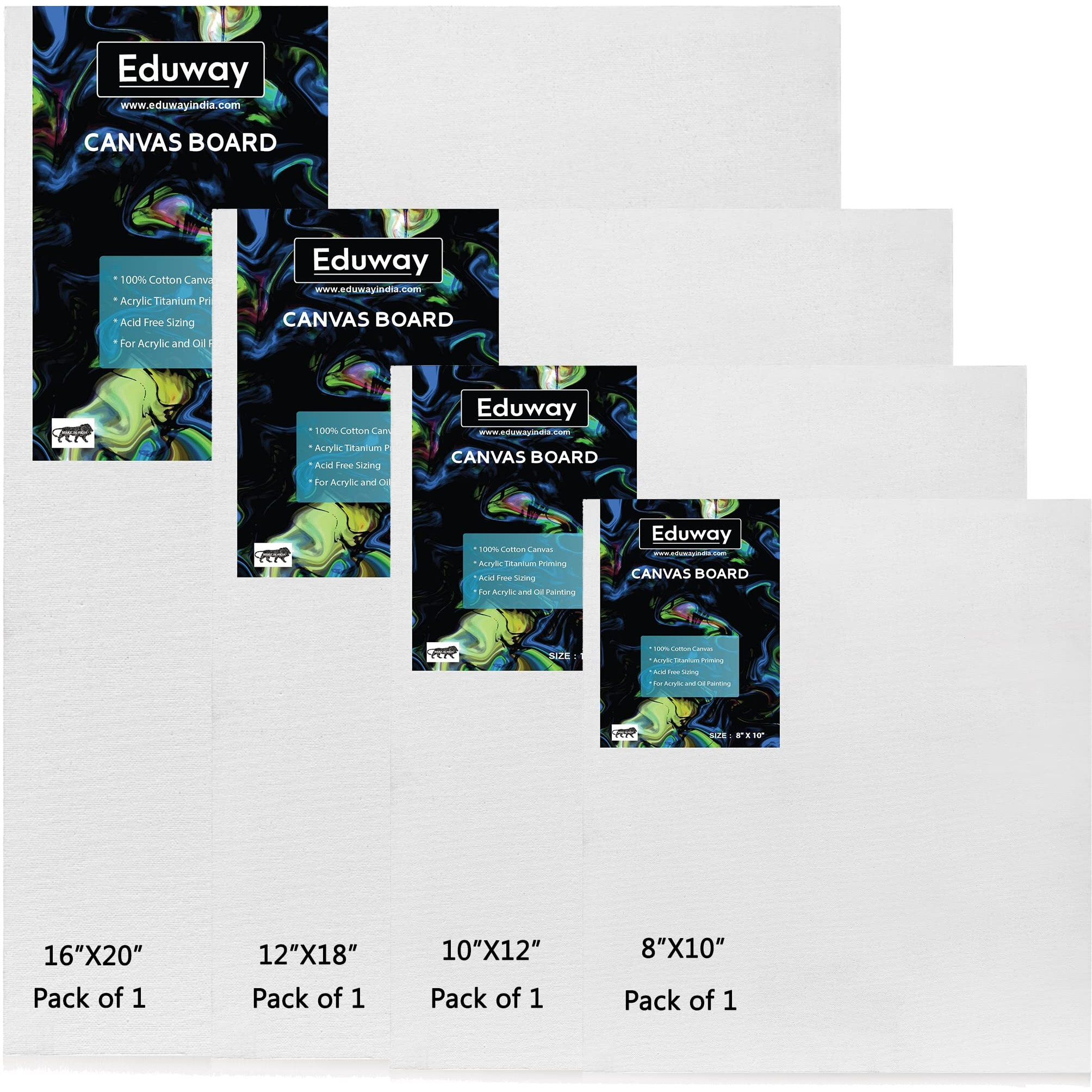 Eduway Medium Grain Canvas 1 Each (8X10 | 10X12 | 12X18 |16X20) Inch Cotton Canvas Board - Combo Pack Of 4, (20X25, 25X30 30X45 40X50 Cms) With 4Mm Mdf Board Backing, For Painting