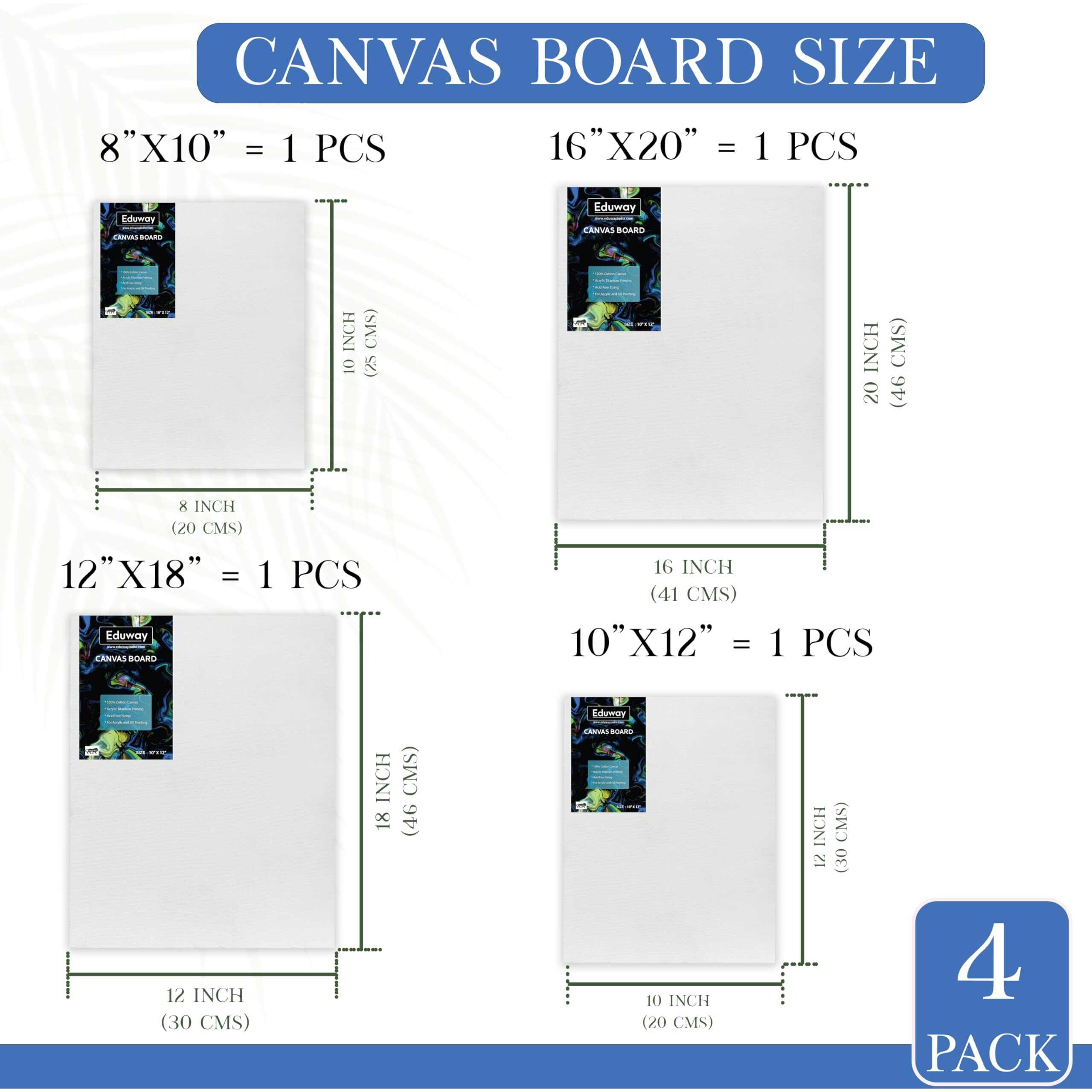 Eduway Medium Grain Canvas 1 Each (8X10 | 10X12 | 12X18 |16X20) Inch Cotton Canvas Board - Combo Pack Of 4, (20X25, 25X30 30X45 40X50 Cms) With 4Mm Mdf Board Backing, For Painting