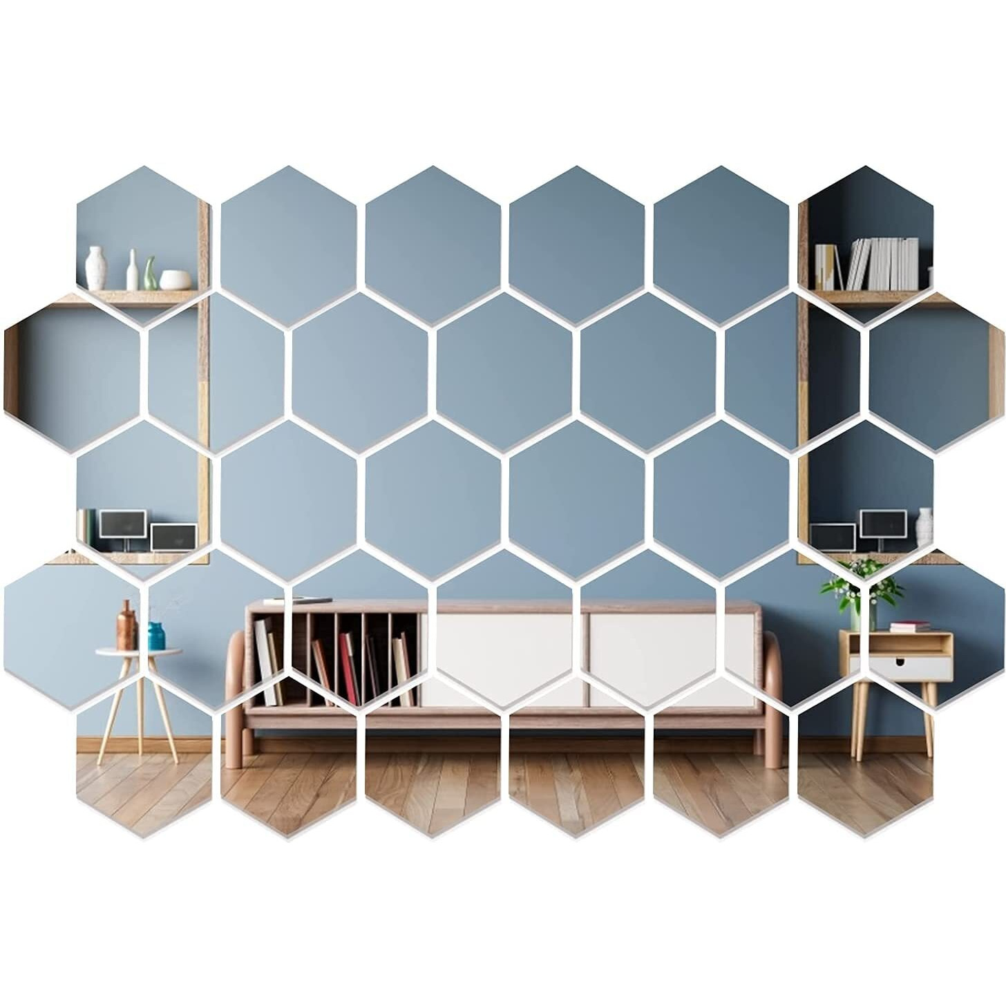 Meraki Mart Non Glass Wall Mirror 3D Acrylic Hexagon Shape Diy Wall Sticker Decor Self Adhesive Tiles Wall Decor Art For Home, Bedroom, Office, Garden And Washroom, Silver, 45 Pcs, Size - 12.1X10.5 Cm