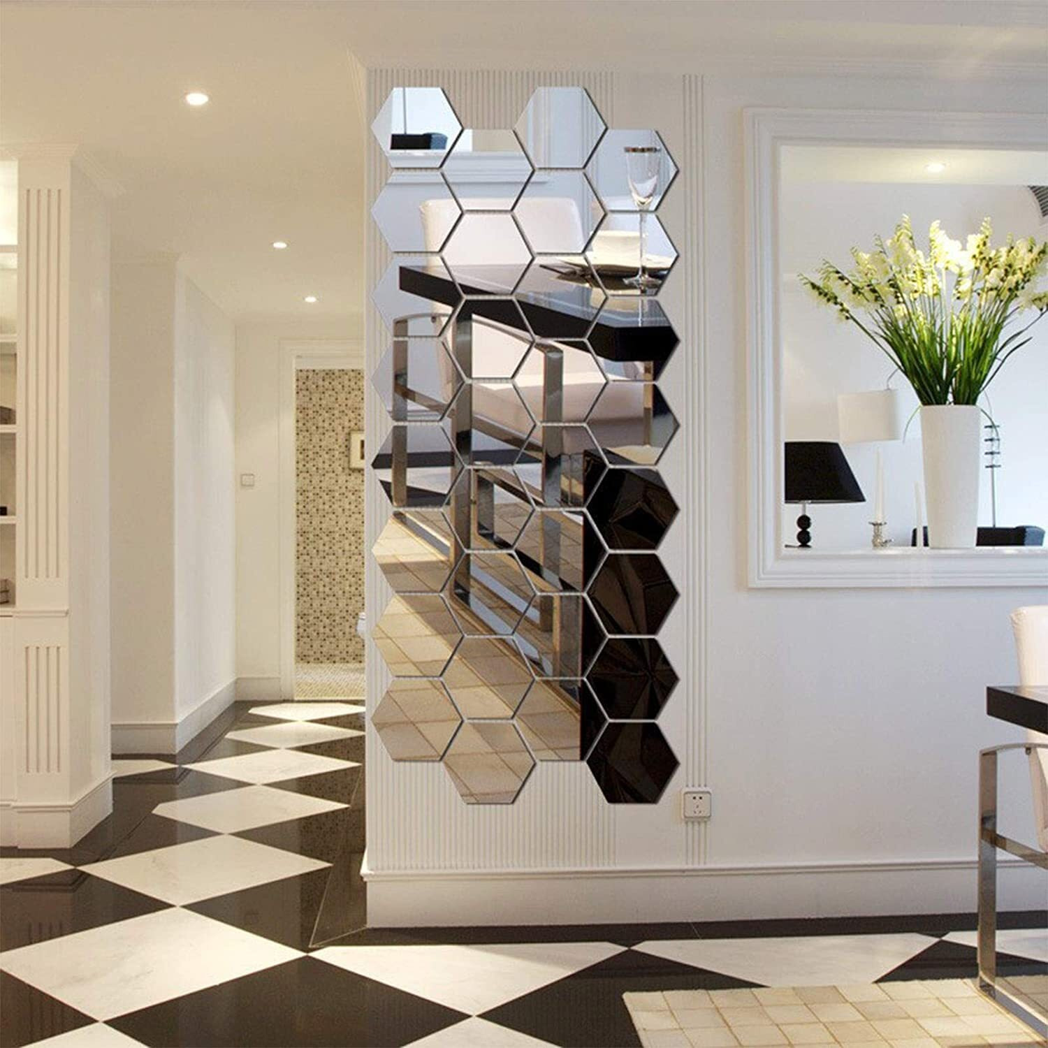 Meraki Mart Non Glass Wall Mirror 3D Acrylic Hexagon Shape Diy Wall Sticker Decor Self Adhesive Tiles Wall Decor Art For Home, Bedroom, Office, Garden And Washroom, Silver, 45 Pcs, Size - 12.1X10.5 Cm