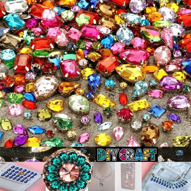 Diy Crafts 40 Pcs, Random Colour, Sew On Rhinestone Glass Crystals Acrylic Gems With Hole Silver Prong Setting Flatback Claw Mix Shape Mix Size For Diy Crafts Dress Clothe (40 Pcs, Random Colour)