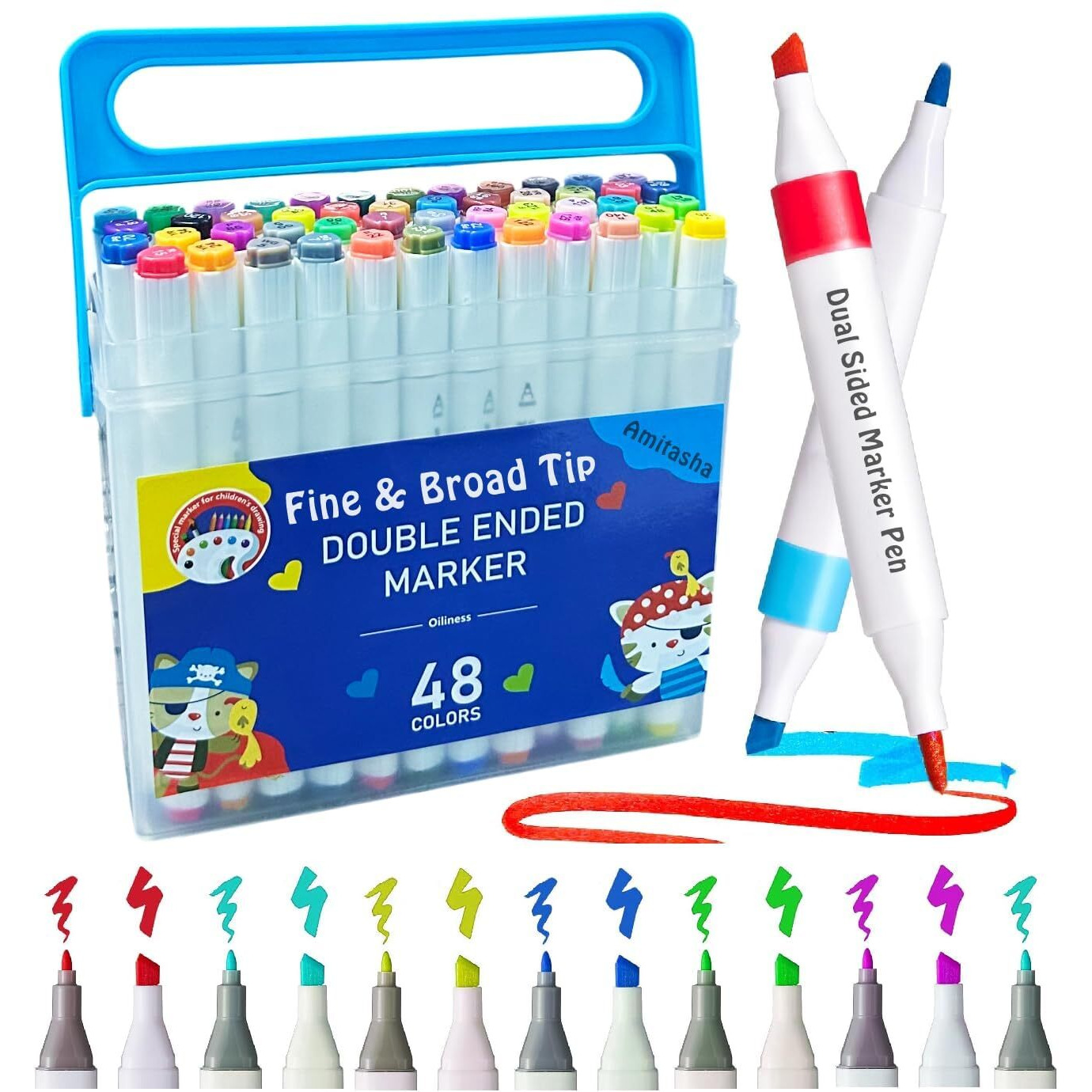 Super Toy Dual Tip Colorful Art Markers Sketch Pens 48 Pc With Carrying Case For Painting Sketching Calligraphy Drawing Twin Head Permanent Colouring Marker Pens For Kids Adult