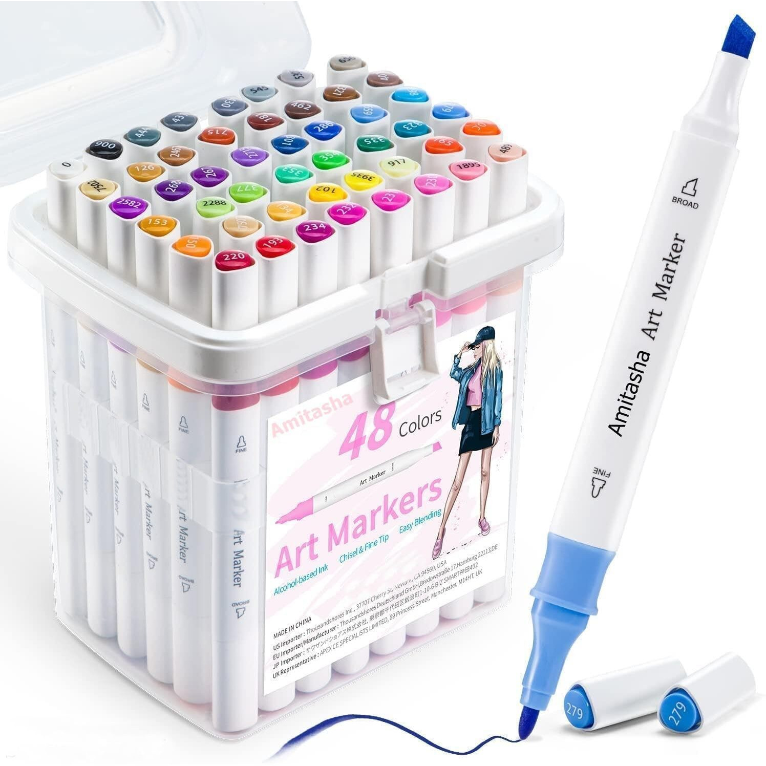 Super Toy Dual Tip Colorful Art Markers Sketch Pens 48 Pc With Carrying Case For Painting Sketching Calligraphy Drawing Twin Head Permanent Colouring Marker Pens For Kids Adult