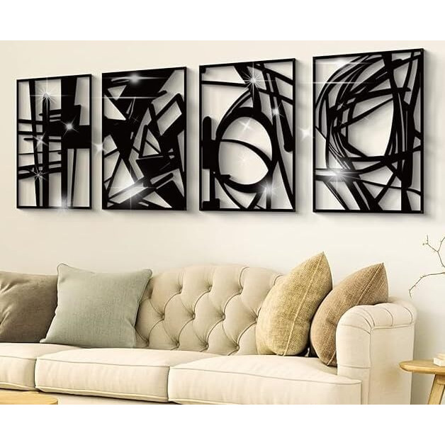 Gifzy 4 Pack Black 3D Glossy Acrylic Large Size(16 X 48'') Abstract Acrylic Wall Art, Minimalist Dcor Single Line Art Dcor, 3D Textured Sculptures, For Living Room Bedroom Bathroom Study (Black)