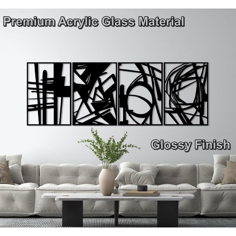 Gifzy 4 Pack Black 3D Glossy Acrylic Large Size(16 X 48'') Abstract Acrylic Wall Art, Minimalist Dcor Single Line Art Dcor, 3D Textured Sculptures, For Living Room Bedroom Bathroom Study (Black)