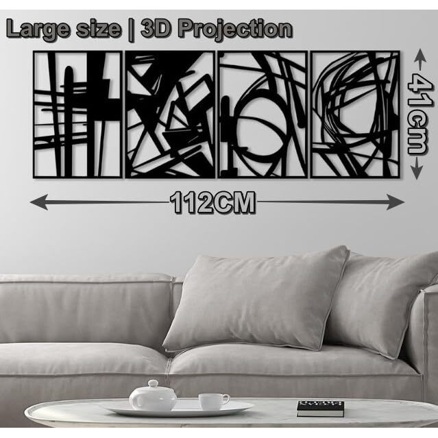 Gifzy 4 Pack Black 3D Glossy Acrylic Large Size(16 X 48'') Abstract Acrylic Wall Art, Minimalist Dcor Single Line Art Dcor, 3D Textured Sculptures, For Living Room Bedroom Bathroom Study (Black)