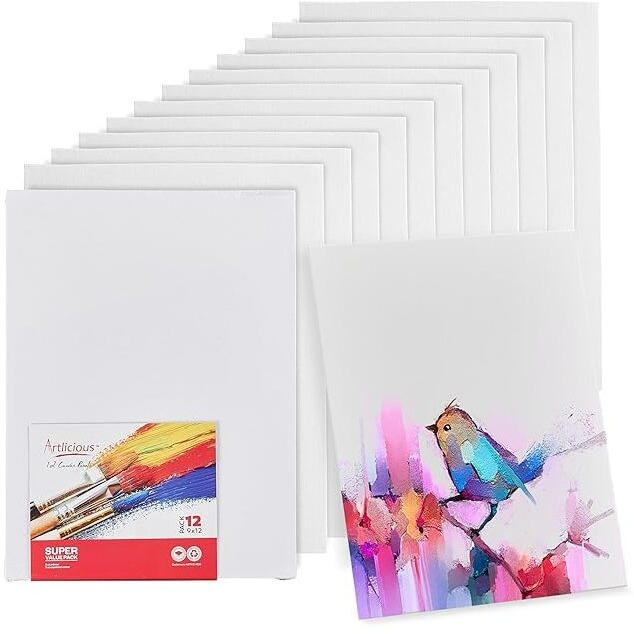 Artlicious Canvases For Painting - Pack Of 12, 9 X 12 Inch Blank White Canvas Boards - 100% Cotton Art Panels For Oil, Acrylic & Watercolor Paint