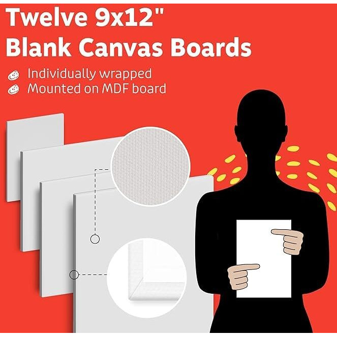 Artlicious Canvases For Painting - Pack Of 12, 9 X 12 Inch Blank White Canvas Boards - 100% Cotton Art Panels For Oil, Acrylic & Watercolor Paint