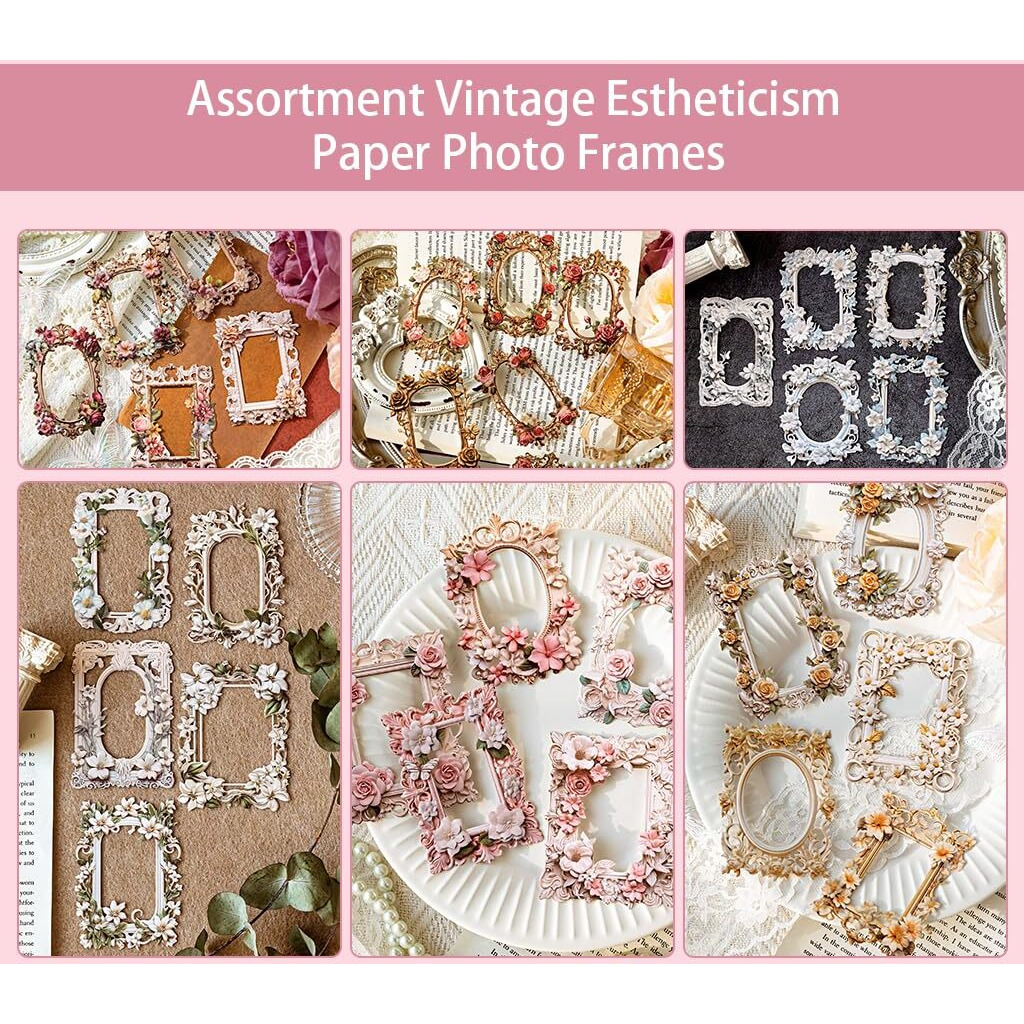 Hasthip 60Pcs Embossed Flower Lace Frame Scrapbook Paper, 6 Styles Hollowing Relief Flowers Vintage Paper Floral Window Frame Collage Paper Decorative Paper For Junk Journal Crafts Scrapbook
