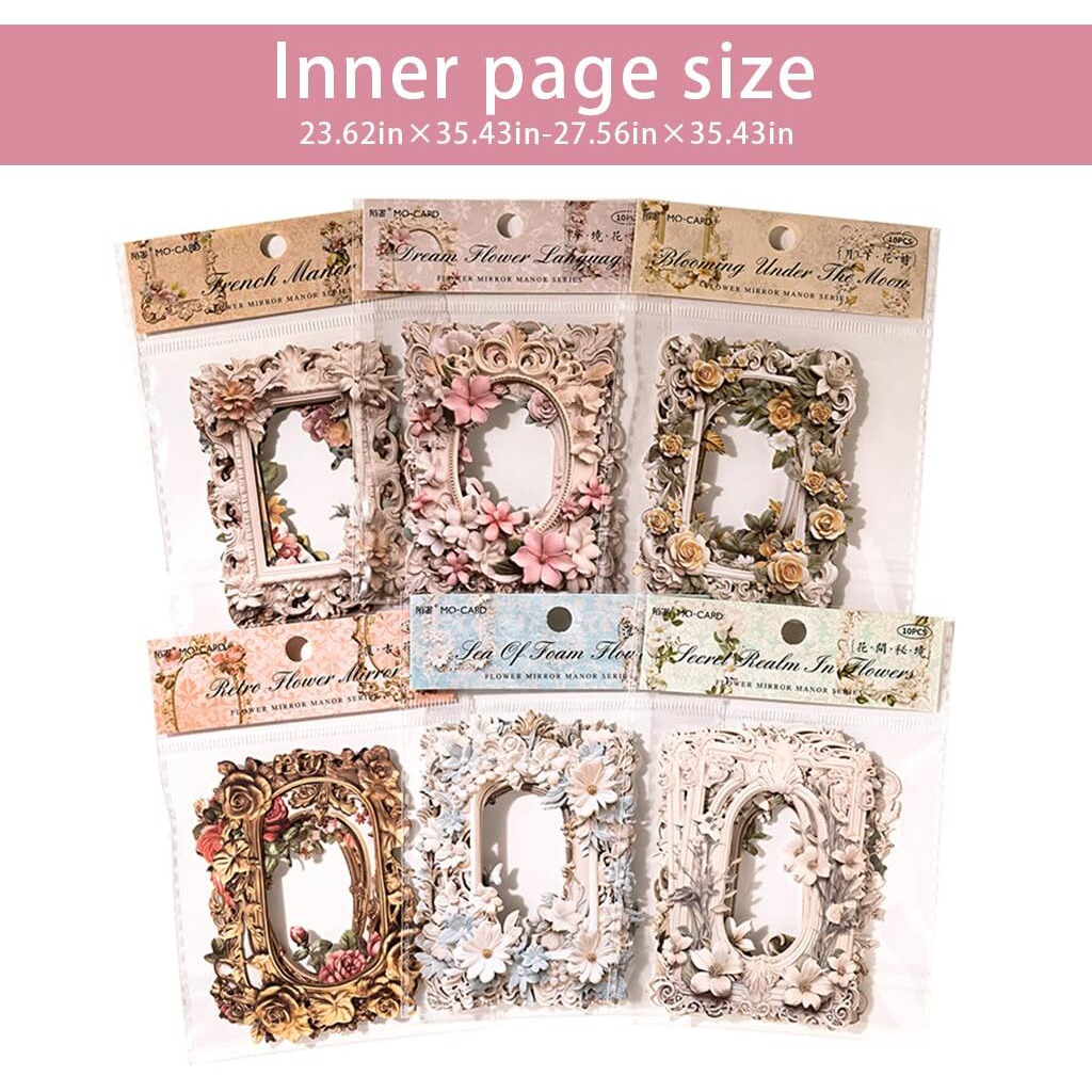 Hasthip 60Pcs Embossed Flower Lace Frame Scrapbook Paper, 6 Styles Hollowing Relief Flowers Vintage Paper Floral Window Frame Collage Paper Decorative Paper For Junk Journal Crafts Scrapbook