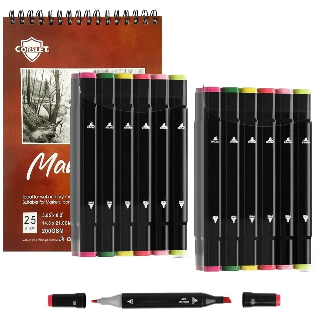 Corslet 24Pc Dual Tip Alcohol Markers For Drawing Colour Art Markers Set Of 12Pcs Sketch Pen Alcoholic Markers Set Art Supplies For Artist Sketch Set For Drawing Calligraphy Sketching With Marker Pad
