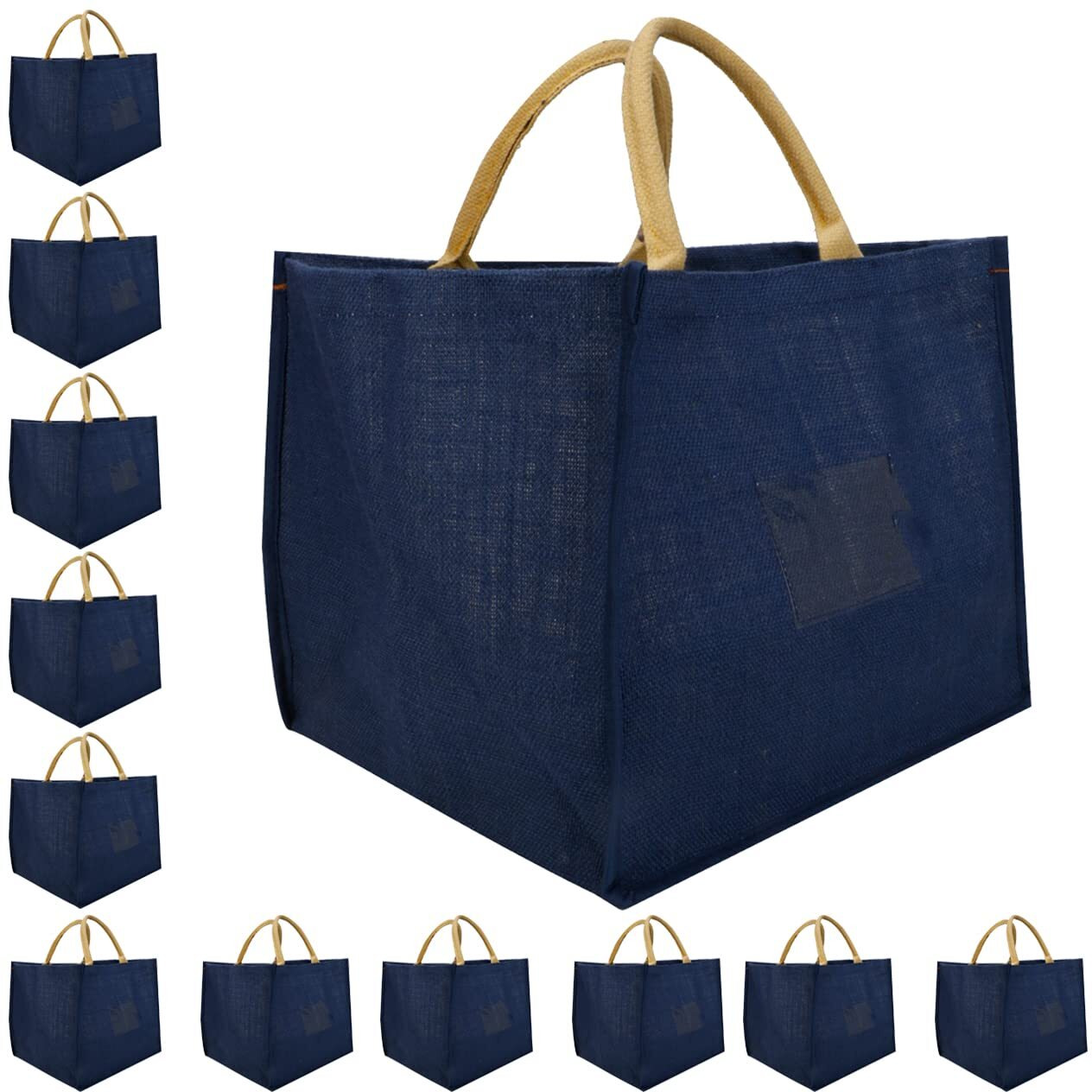 Double R Bags Reusable Grocery Shopping Jute Gift Bag With Cotton Handle For Wedding, Return Gifts & Birthday Party - (Blue) Pack Of 12