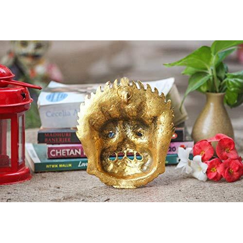 Crafticia Metal Mahakal Face Mask Negative Energy Remover Nazar Battu Evil Eye Protector Wall Hanging (6 Inch, Golden), Medium