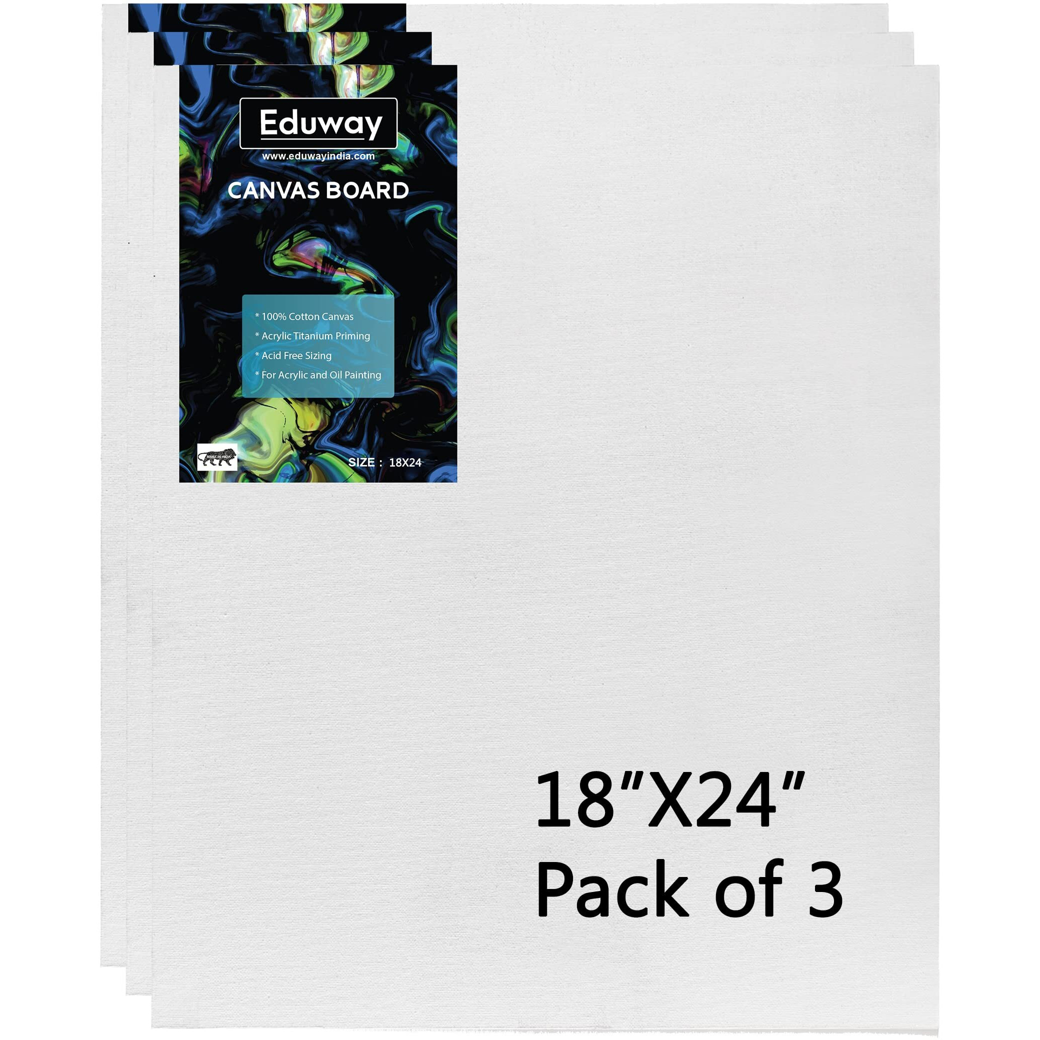 Eduway Canvas Board For Painting- (18X24) | Premium Quality 7Oz Pre-Primed Cotton Canvas Board For Artists & Beginners | Ideal For Acrylic, Oil, Gouache, Pastels Colors (Pack Of 3) (45X60 Cms),