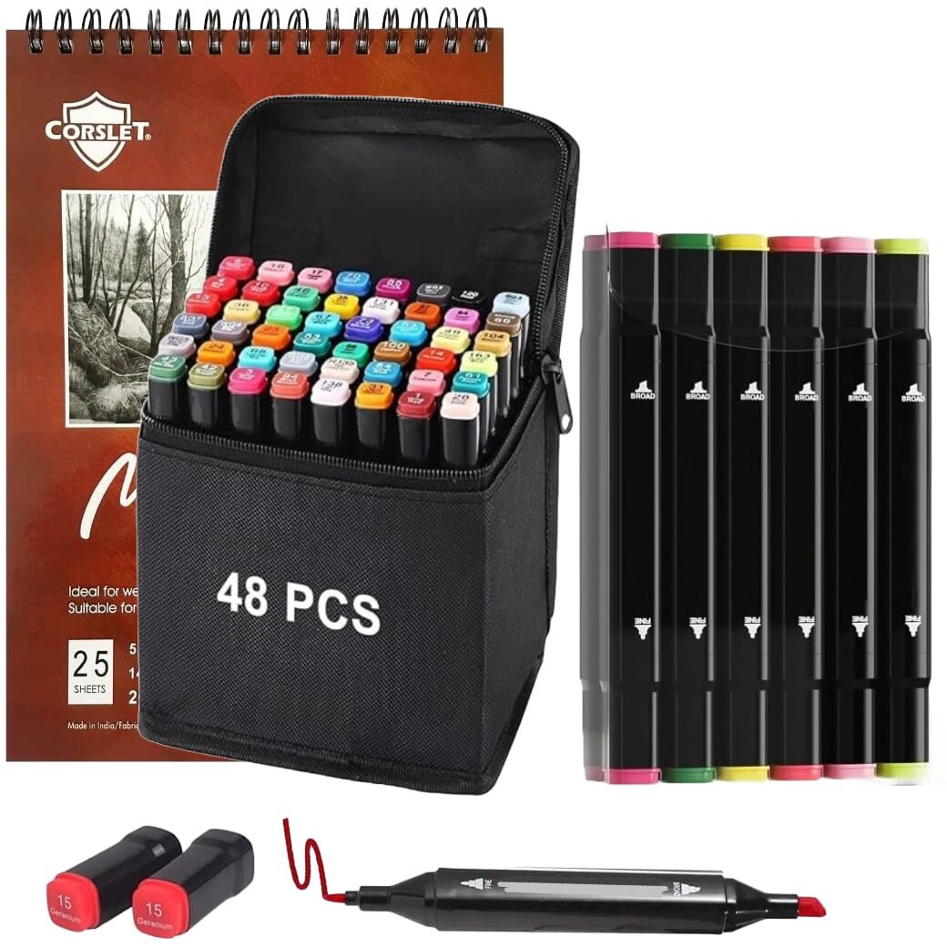 Corslet Dual Tip Markers For Drawing Art Set 60 Pcs Alcohol Markers With 2 Different Packs Of 12 Pc & 48 Pc Sketch Pen Alcoholic Markers Set Art Supplies For Artist Marker With 200Gsm Marker Pad