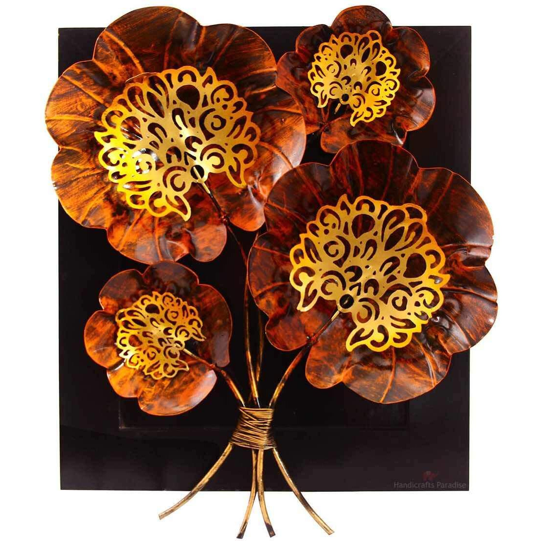 Handicrafts Paradise Wrought Iron And Wooden Base Decorative Flower Wall Art Showpiece (16 X 20 Inch, Small, Multicolour)
