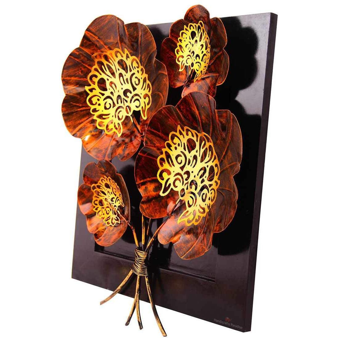 Handicrafts Paradise Wrought Iron And Wooden Base Decorative Flower Wall Art Showpiece (16 X 20 Inch, Small, Multicolour)