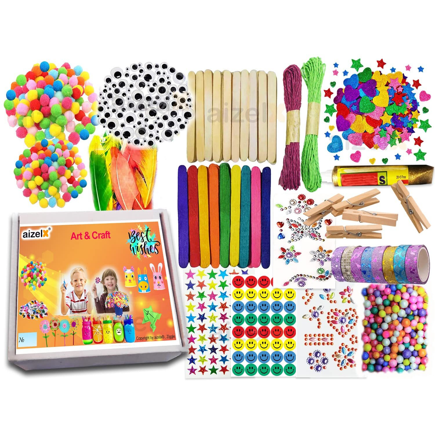 Aizelx Creations Art Craft Set Craft Materials Kit Googly Eyes Sticks Pom Poms Glitter Tapes Paper Ropes Foam Stickers Feathers Wooden Pegs Art Craft Hobby Set Gift For Boys And Kids