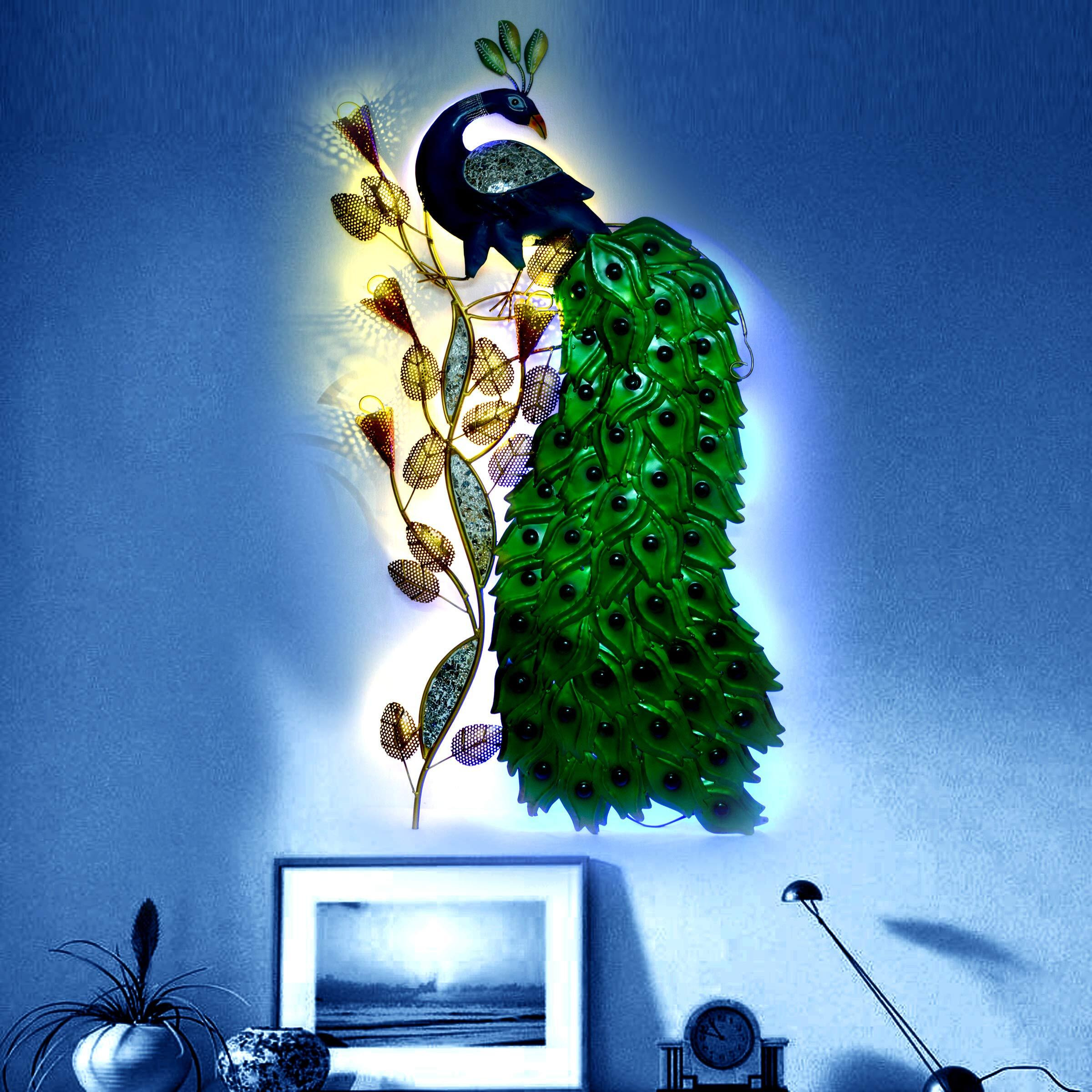 Aona Iron Peacock Sculpture Decorative Wall Art Hanging With Led Light- Multicolor, 48X 24 X 2.2 Inch