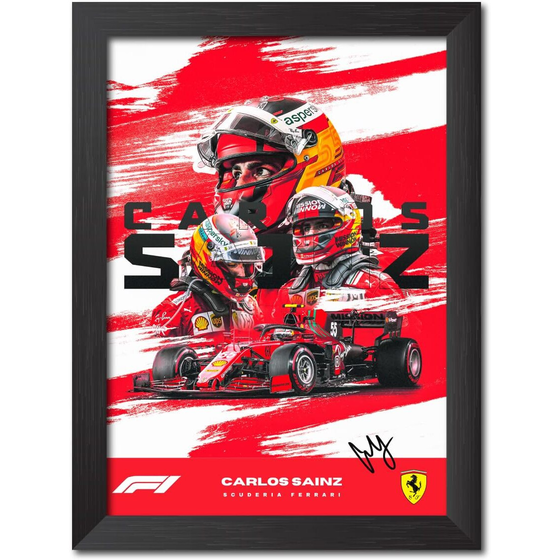 Tenorarts Carlos Sainz Poster Ferrari F1 Racing Car Formula One Photo Frame Painting With Matt Finish Black Textures (12 Inches X 9Inches)
