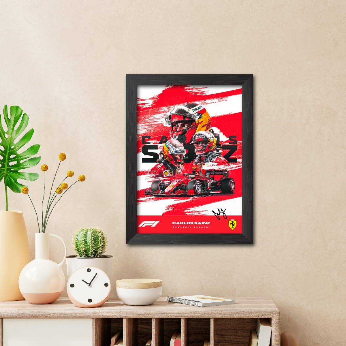 Tenorarts Carlos Sainz Poster Ferrari F1 Racing Car Formula One Photo Frame Painting With Matt Finish Black Textures (12 Inches X 9Inches)