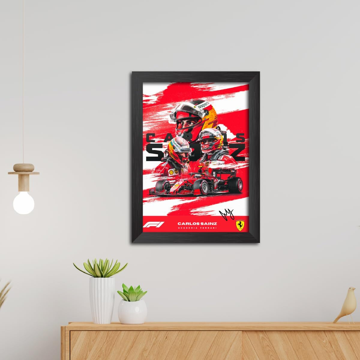 Tenorarts Carlos Sainz Poster Ferrari F1 Racing Car Formula One Photo Frame Painting With Matt Finish Black Textures (12 Inches X 9Inches)