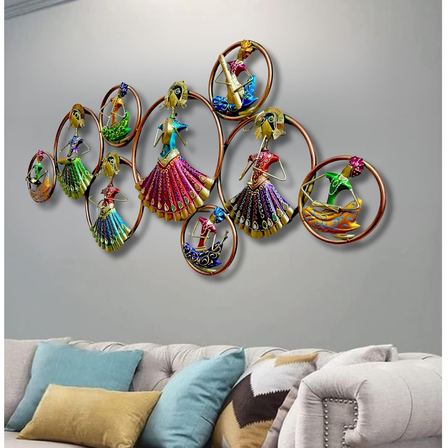 Rsn 9 Musicians Doll Circle With Led Light Metal Wall Art Wall Sculpture/Wall Hanging Home Decoration Perfect For Living Room/Bedroom/Drawing Room/Hotel/Restaurant (Size 58X25 Inch)