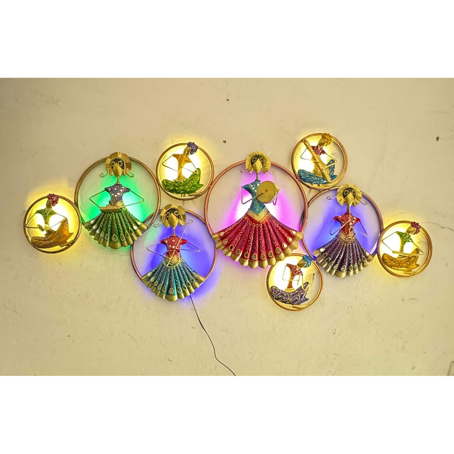 Rsn 9 Musicians Doll Circle With Led Light Metal Wall Art Wall Sculpture/Wall Hanging Home Decoration Perfect For Living Room/Bedroom/Drawing Room/Hotel/Restaurant (Size 58X25 Inch)