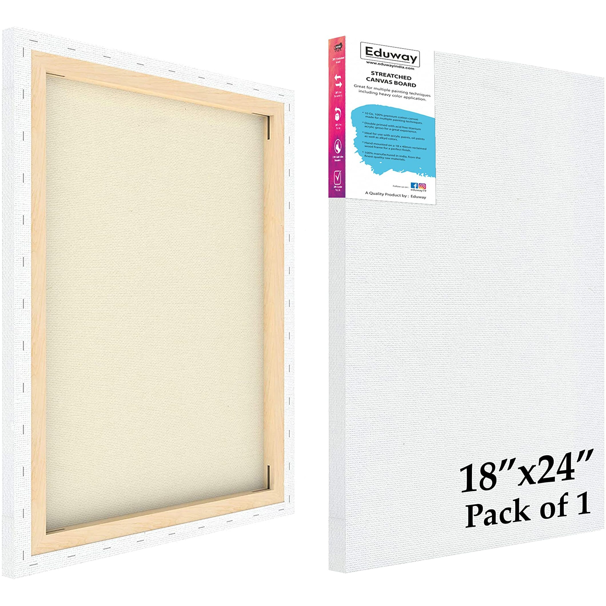 Eduway 18X24 Inches Pre Stretched Medium Grain 7Oz Primed Cotton Painting Canvas With Wooden Frame For Beginners & Artist | Suitable With Acrylic, Oil, Water Colours - (Set Of 1)`