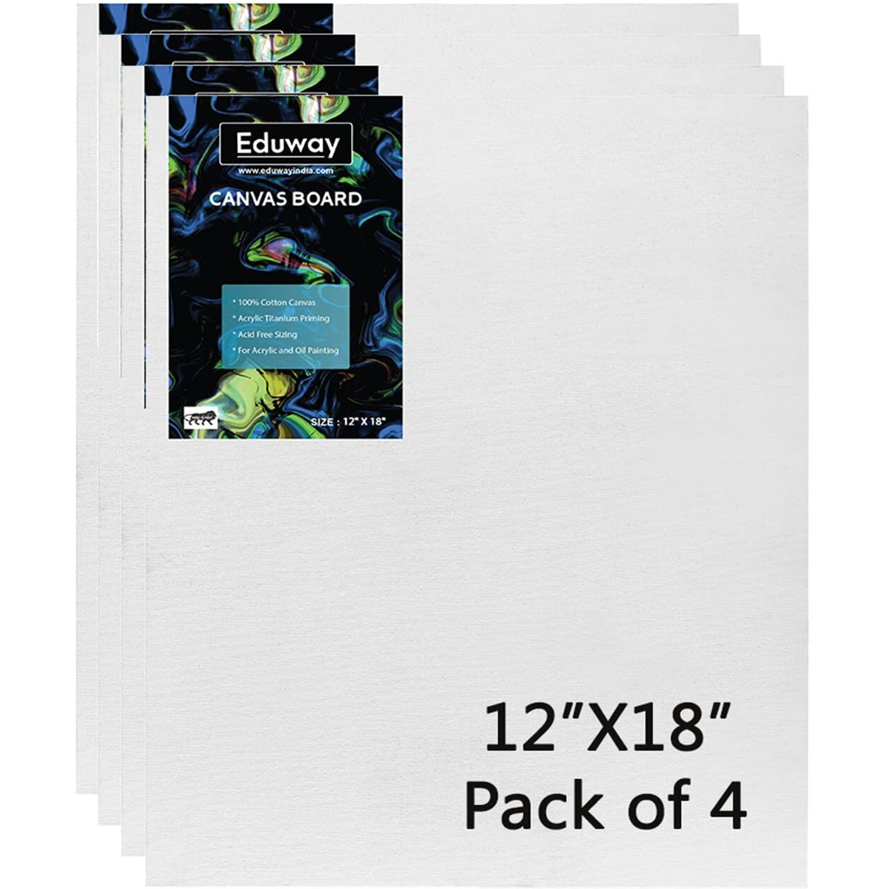 Eduway Canvas Board For Painting- (12X18) | Premium Quality 7Oz Pre-Primed Cotton Canvas Board For Artists & Beginners | Ideal For Acrylic, Oil, Gouache, Pastels Colors (Pack Of 4) (30X45).