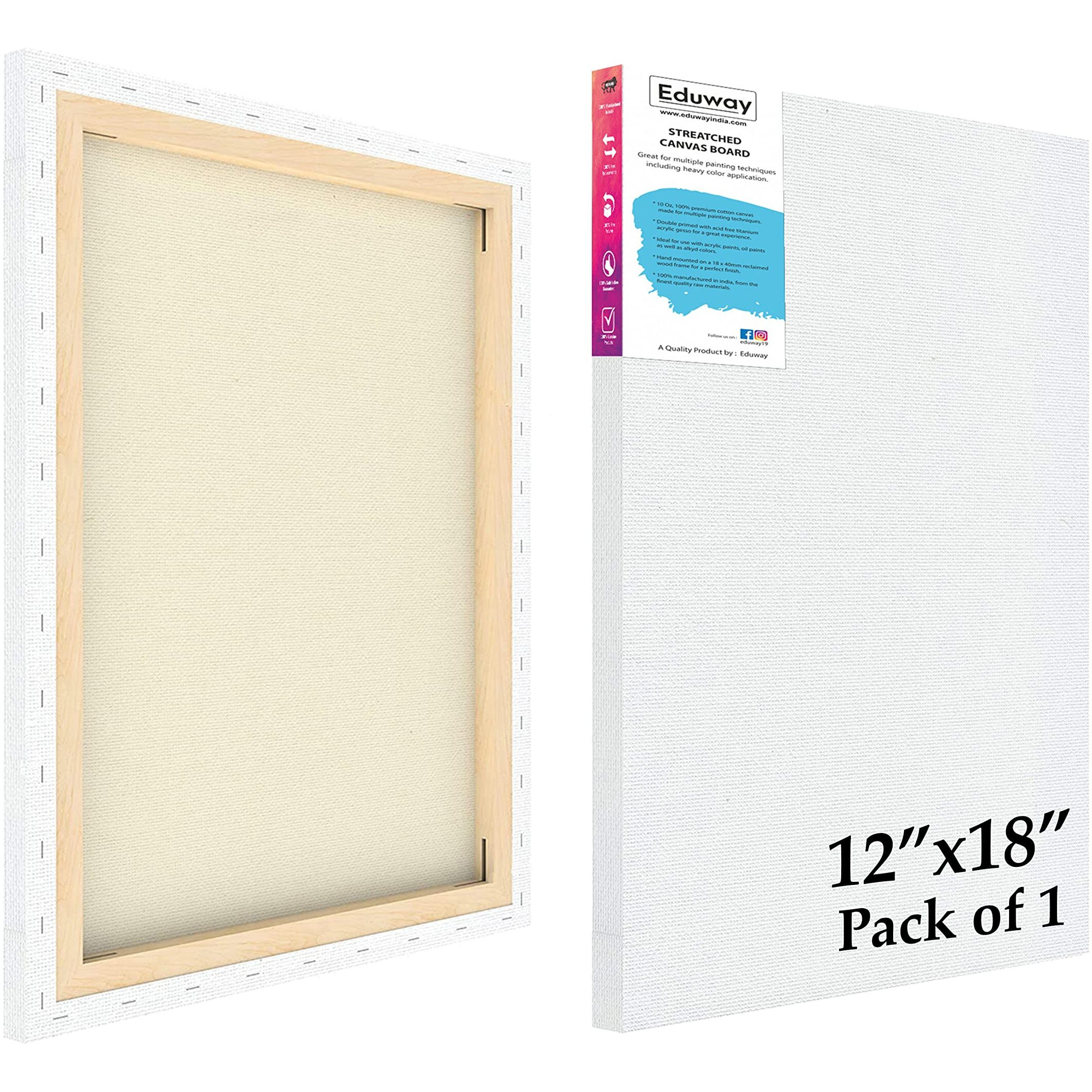 Eduway 12X18 Inches Pre Stretched Medium Grain 7Oz Primed Cotton Painting Canvas With Wooden Frame For Beginners & Artist | Suitable With Acrylic, Oil, Water Colours - (Set Of 1)`