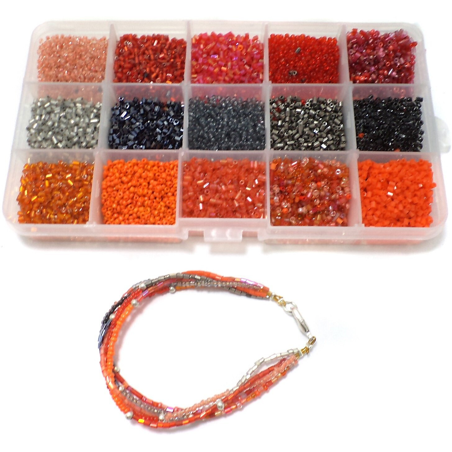 Beadsnfashion Seed Beads Fire Red Colors Diy Kit With Beads Storage Box And 10 Mtrs Nylon Thread For Jewellery Making, Embroidery & Crafts Diy Kit, Size 2Mm (Pack Of 15 Colors)