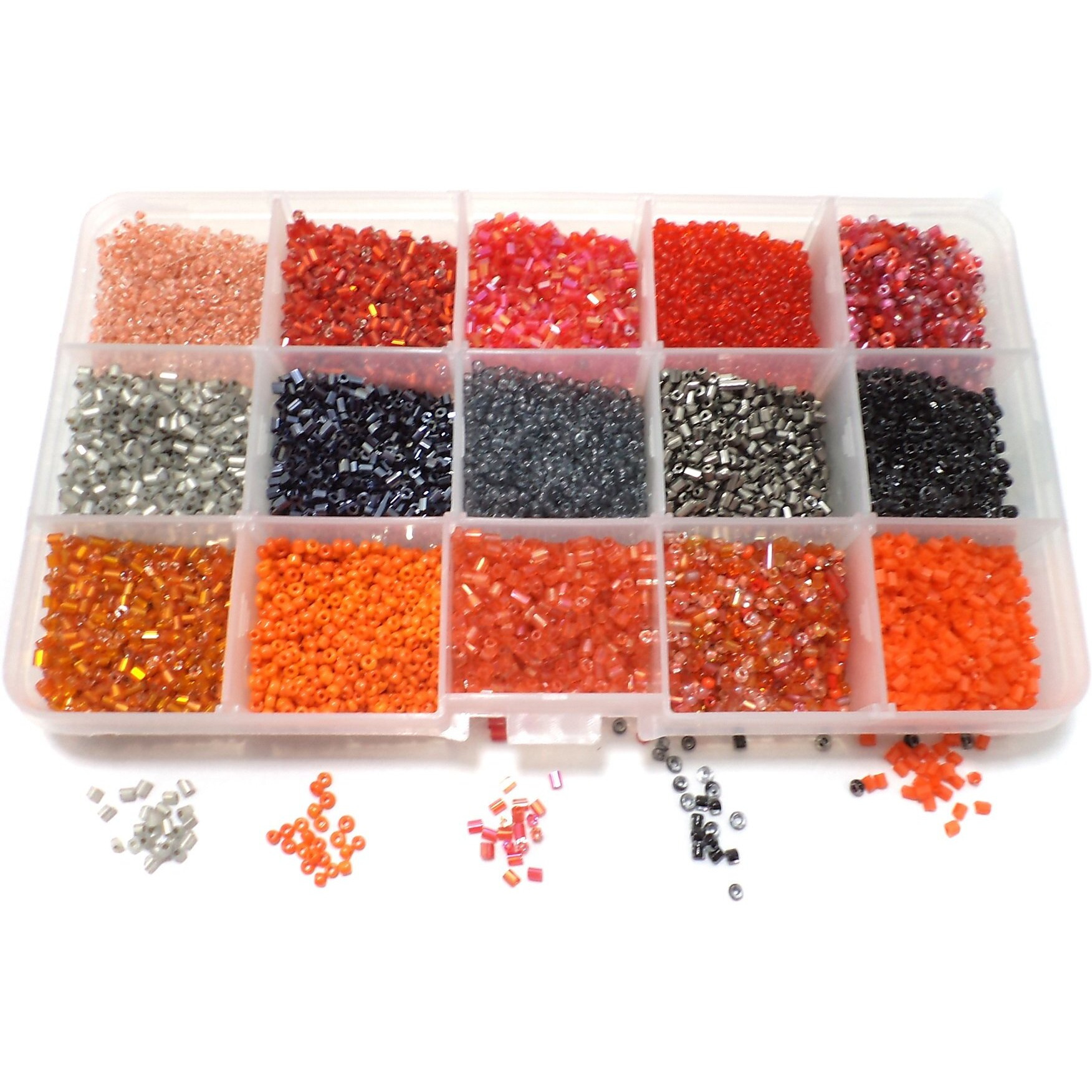 Beadsnfashion Seed Beads Fire Red Colors Diy Kit With Beads Storage Box And 10 Mtrs Nylon Thread For Jewellery Making, Embroidery & Crafts Diy Kit, Size 2Mm (Pack Of 15 Colors)