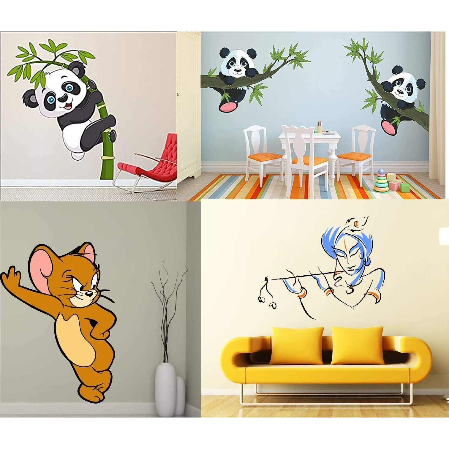 Ghar Kraft Set Of 4 Self Adhesive Wall Sticker Animals, Bansidhar, Panda Hanging On A Branch And Baby Panda Wall Sticker For Puja Room Home Living Room Bedroom Kids Room