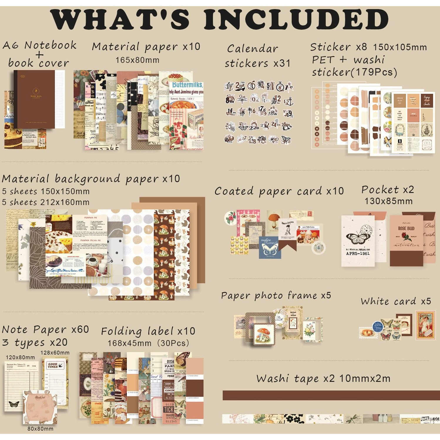 Optifit 346Pcs Vintage Scrapbook Stickers Pack For Art Journaling Bullet Junk Journal Planners Diy Paper Stickers Craft Kits Notebook Collage Album Aesthetic, Beige
