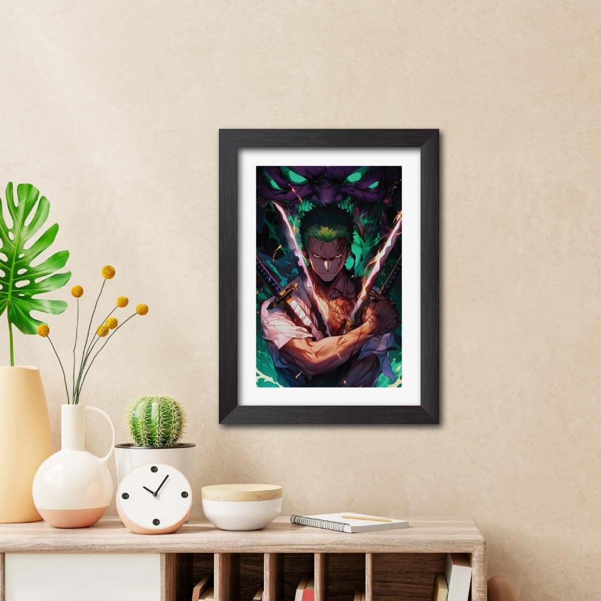 Tenorarts Zoro Poster One Piece Anime Laminated Posters Framed Paintings With Matt Finish Black Frame (12Inches X 9Inches)