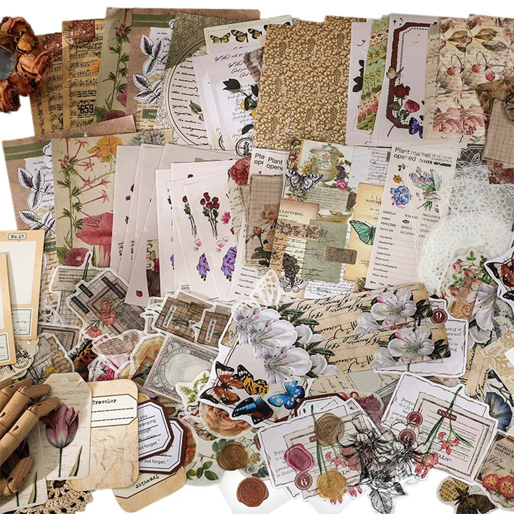 Hasthip 260Pcs Sheets Vintage Journaling Supplies, Scrapbook Paper Kit Aesthetic Floral & Vintage Elements, Washi Tape, Stickers, Material Papers, Pet Stickers For Junk Journals Planner Retro Craft