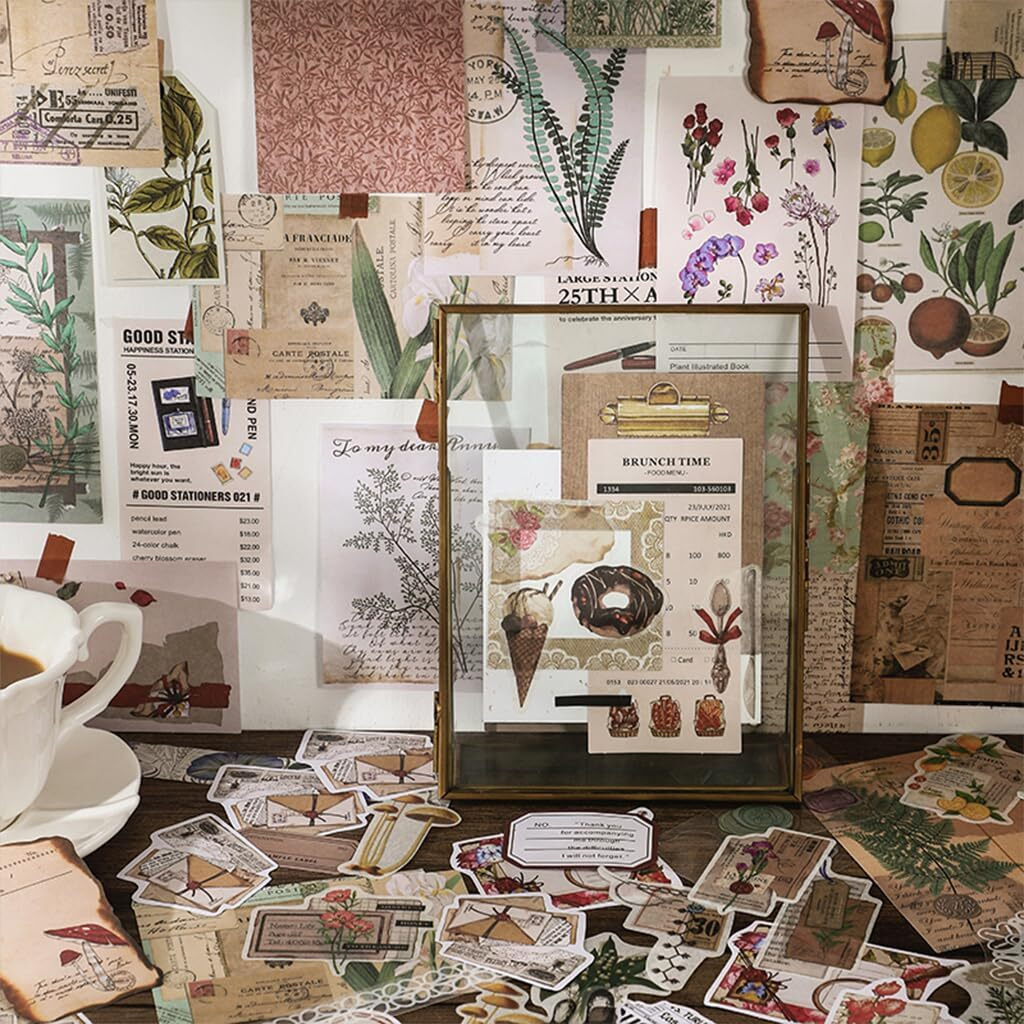 Hasthip 260Pcs Sheets Vintage Journaling Supplies, Scrapbook Paper Kit Aesthetic Floral & Vintage Elements, Washi Tape, Stickers, Material Papers, Pet Stickers For Junk Journals Planner Retro Craft