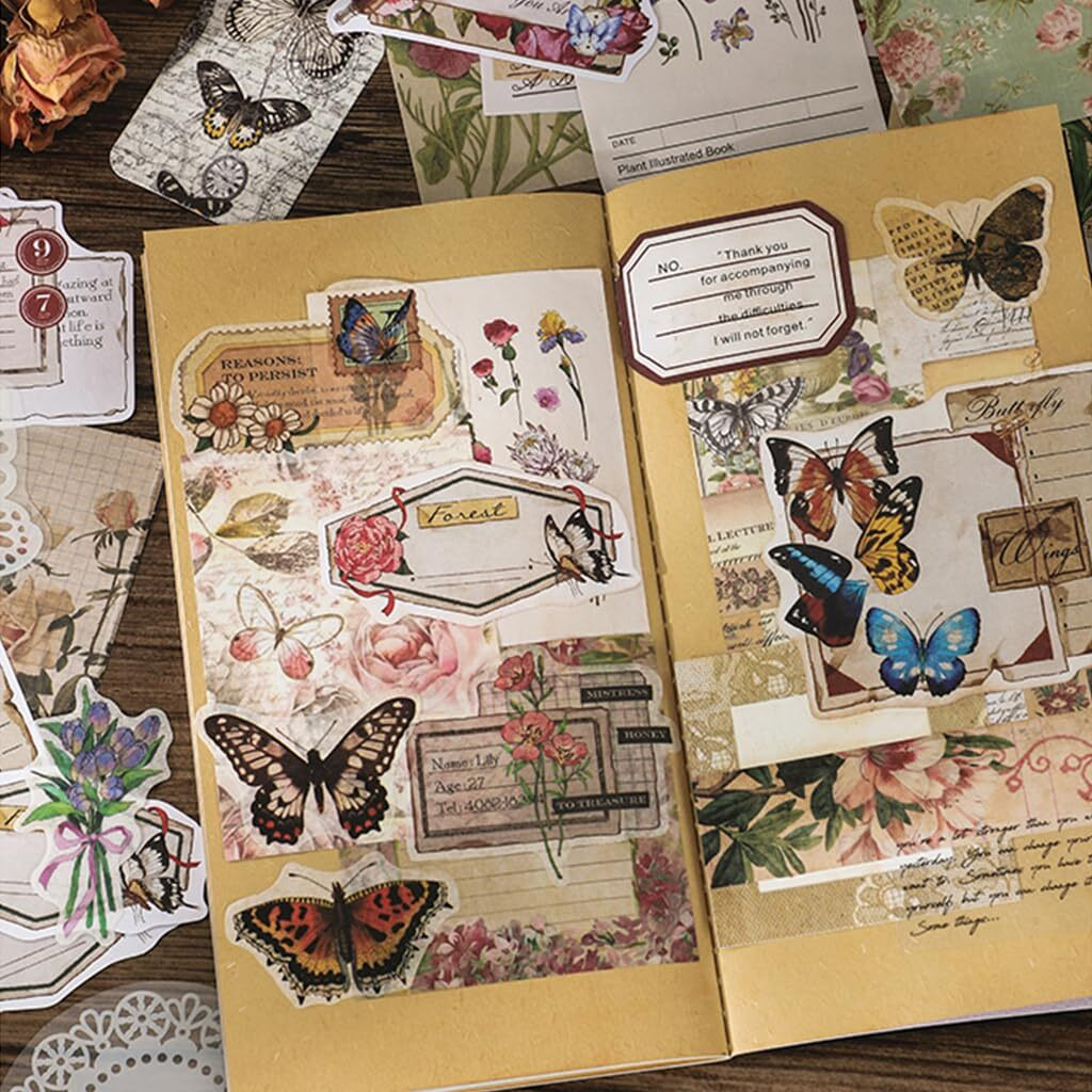 Hasthip 260Pcs Sheets Vintage Journaling Supplies, Scrapbook Paper Kit Aesthetic Floral & Vintage Elements, Washi Tape, Stickers, Material Papers, Pet Stickers For Junk Journals Planner Retro Craft