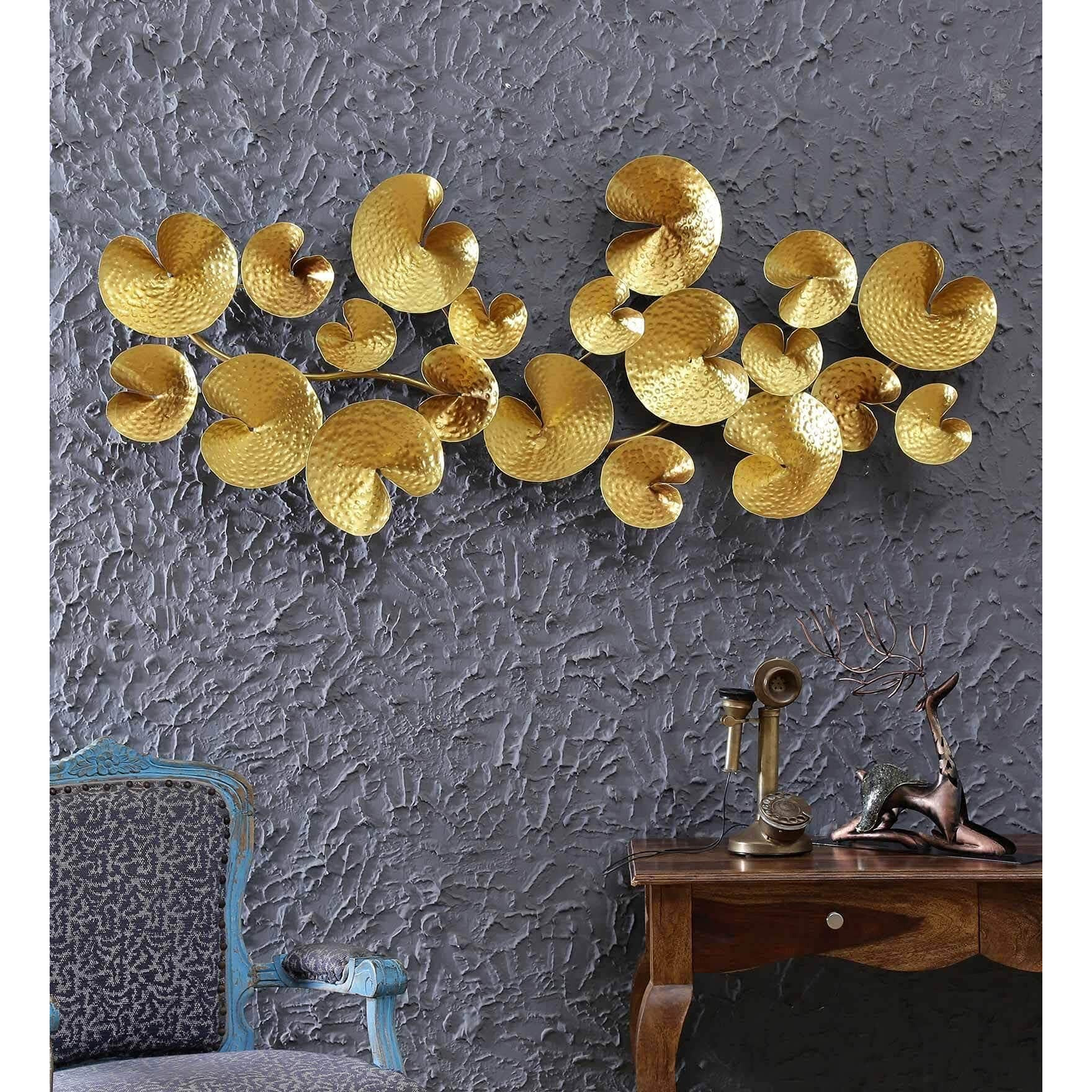 Collectible India Metal Design 3D Golden Abstract Flower Wall Art Sculpture Hanging Round Plates Mounted Modern Arts Home Office Decor(Size 56 X 23 Inches)