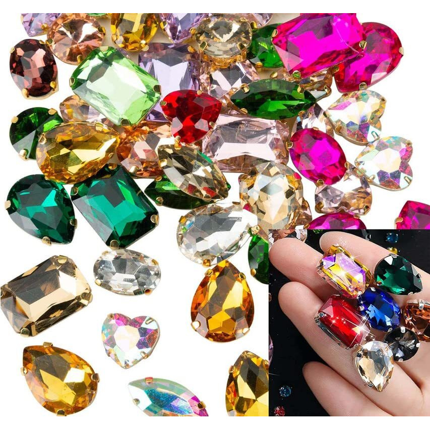 Diy Crafts 30 Pcs, Golden Ab, Sew On Rhinestones, Mixed Shapes Brass Large Sew On Glass Stones Sewing Claw Rhinestone For Craft, Clothes, Garments, Dress, E (30 Pcs, Golden Ab)