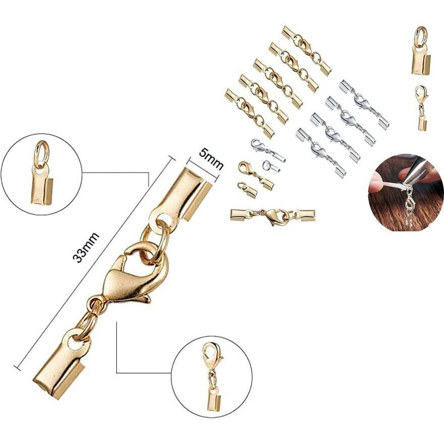 Diy Crafts 30 Sets, Dull L-Silver, 5-100 Sets Fold Over Cord End Caps Brass Lobster Claw Clasps Terminators Crimp End Tips Necklace Cord (30 Sets, Dull L-Silver)