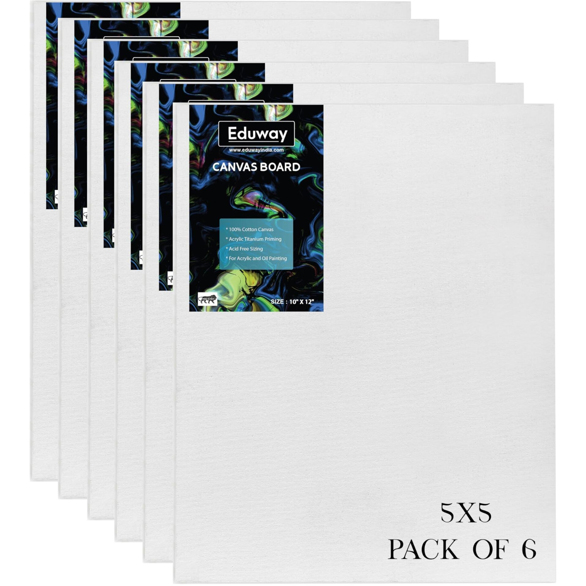 Eduway Canvas Board For Painting- 5X5 Pof 6 | Premium Quality 7Oz Pre-Primed Cotton Canvas Board For Artists & Beginners | Ideal For Acrylic, Oil, Gouache, Pastels Colors (Pack Of 6) (12X12 Cms)