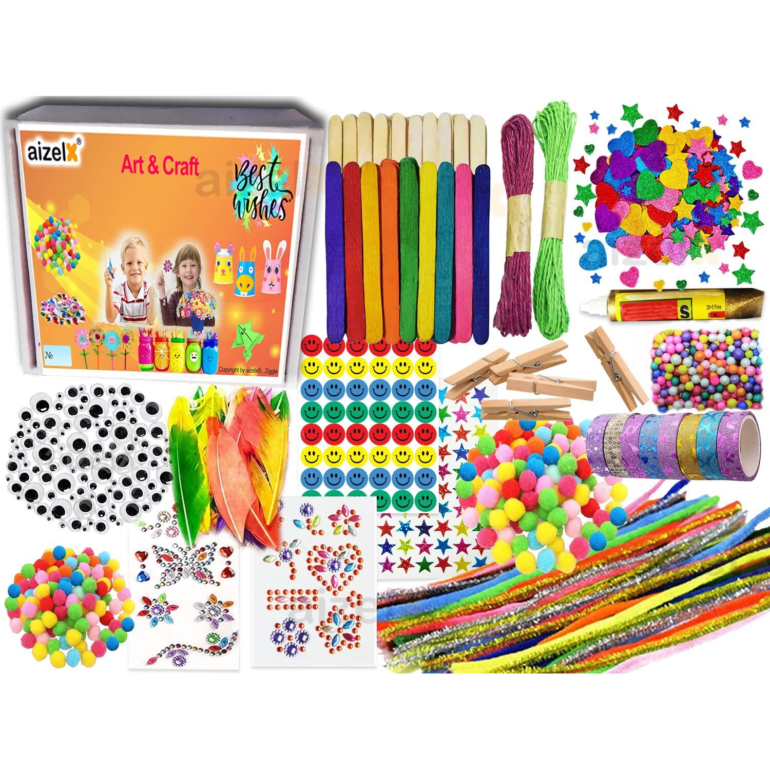 Aizelx Crafty Craft Unlimited Creations- Diy Art Craft Kit Supplies Googly Eyes Sticks Popsicles Pipe Cleaners Pom Poms Glitter Tapes Paper Ropes Foam Stickers Feathers Wooden Pegs