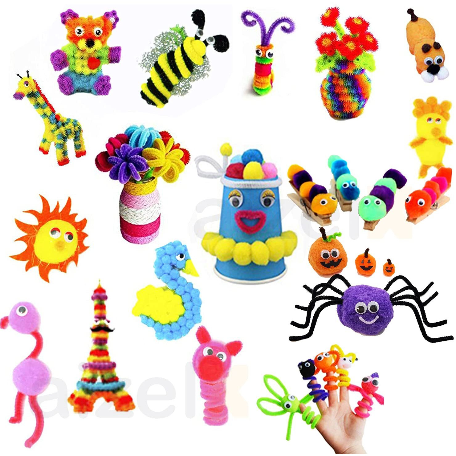 Aizelx Crafty Craft Unlimited Creations- Diy Art Craft Kit Supplies Googly Eyes Sticks Popsicles Pipe Cleaners Pom Poms Glitter Tapes Paper Ropes Foam Stickers Feathers Wooden Pegs
