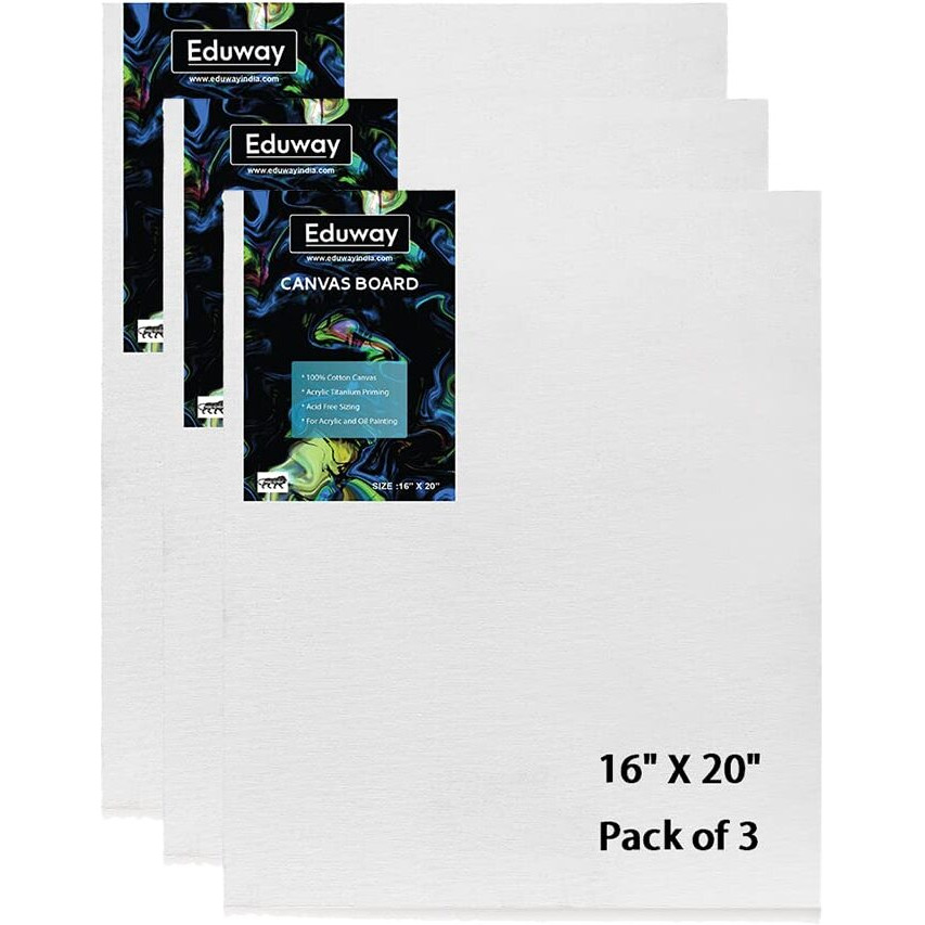 Eduway Canvas Board For Painting- (16X20) | Premium Quality 7Oz Pre-Primed Cotton Canvas Board For Artists & Beginners | Ideal For Acrylic, Oil, Gouache, Pastels Colors (Pack Of 3) (40X50 Cms).