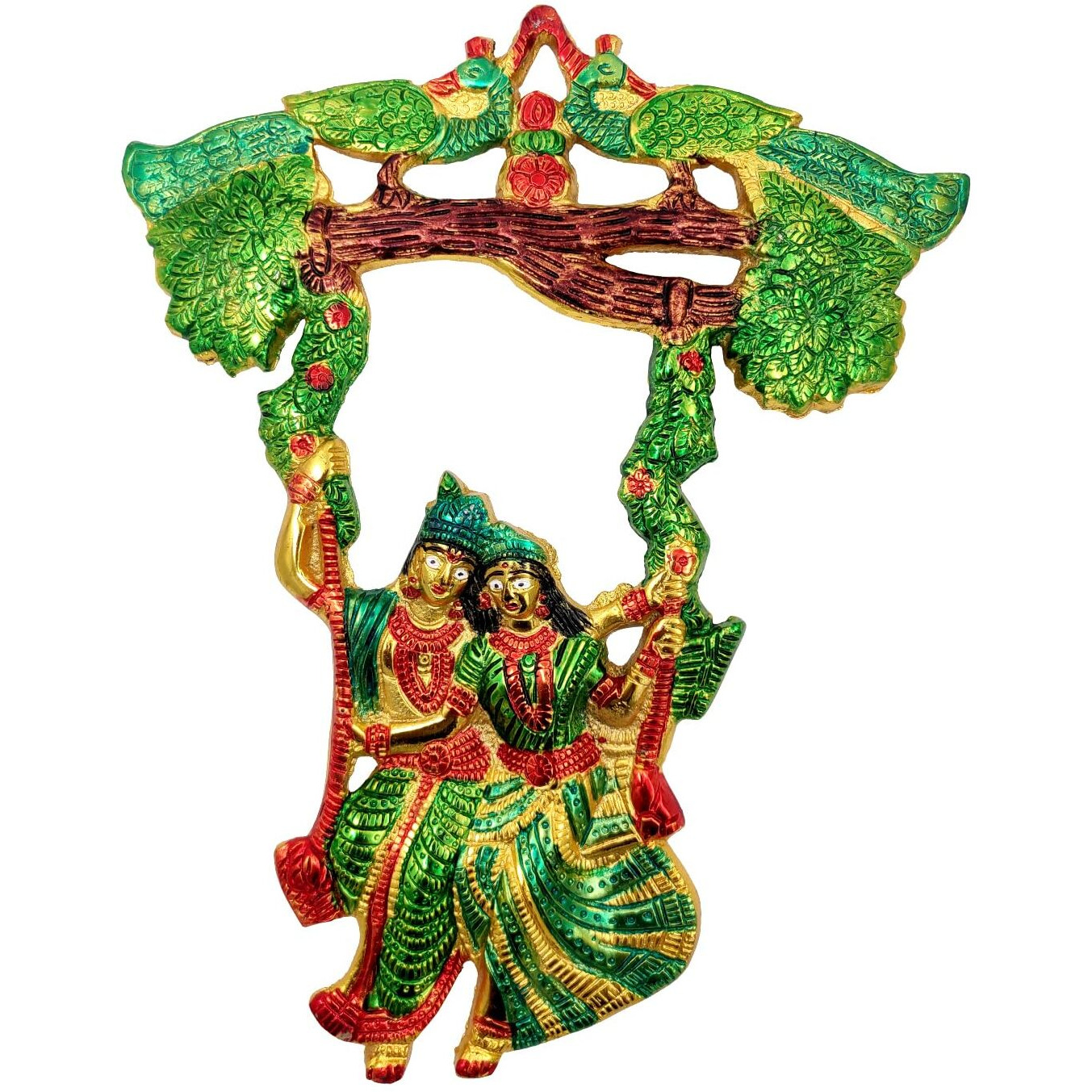 Purpledip Metal Wall Hanging Radha Krishna On Swing Colorful Plaque For Home Temple (12185)